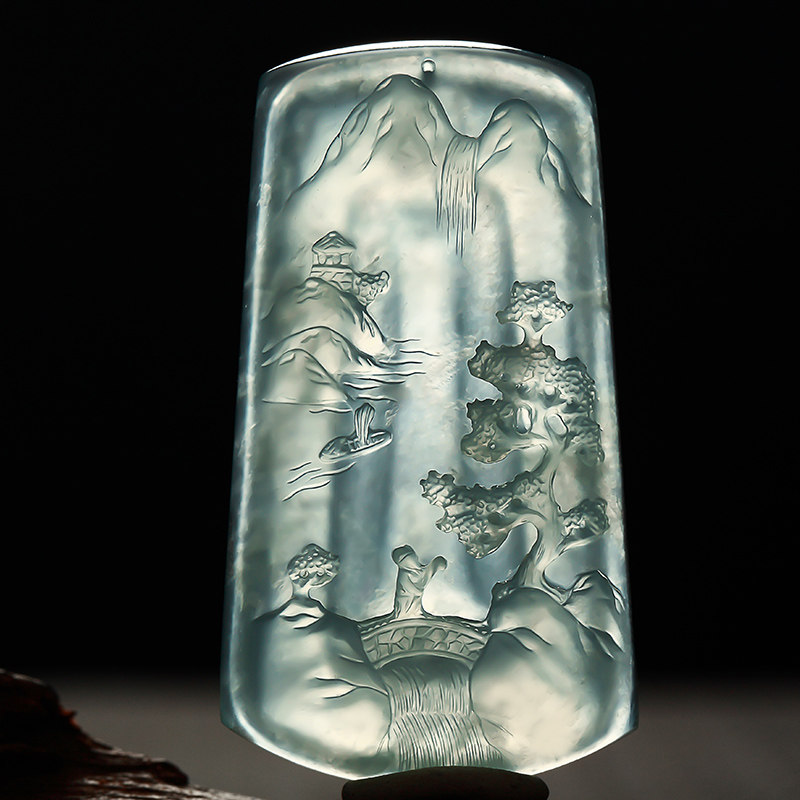 【林佳裕大师作品】老坑冰种大师雕刻翡翠山水牌 23.25g