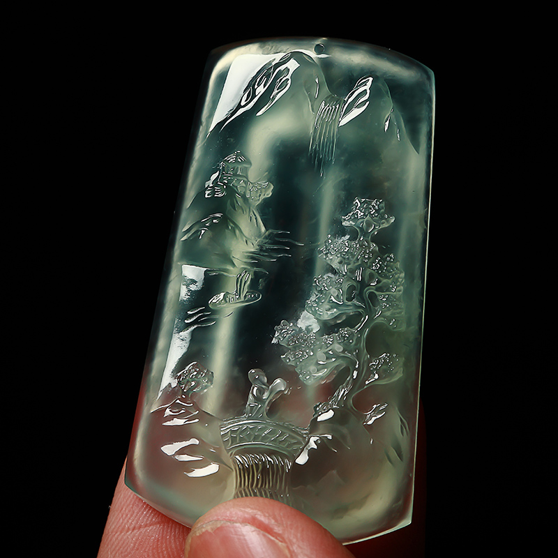 【林佳裕大师作品】老坑冰种大师雕刻翡翠山水牌 23.25g