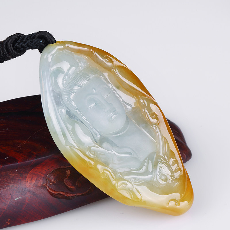 老坑冰糯种精雕俏色翡翠观音吊坠 37.05g(含绳重)