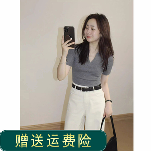 黑色正肩V领冰丝针织短袖T恤女夏季小个子修身短款POLO衫半袖上衣