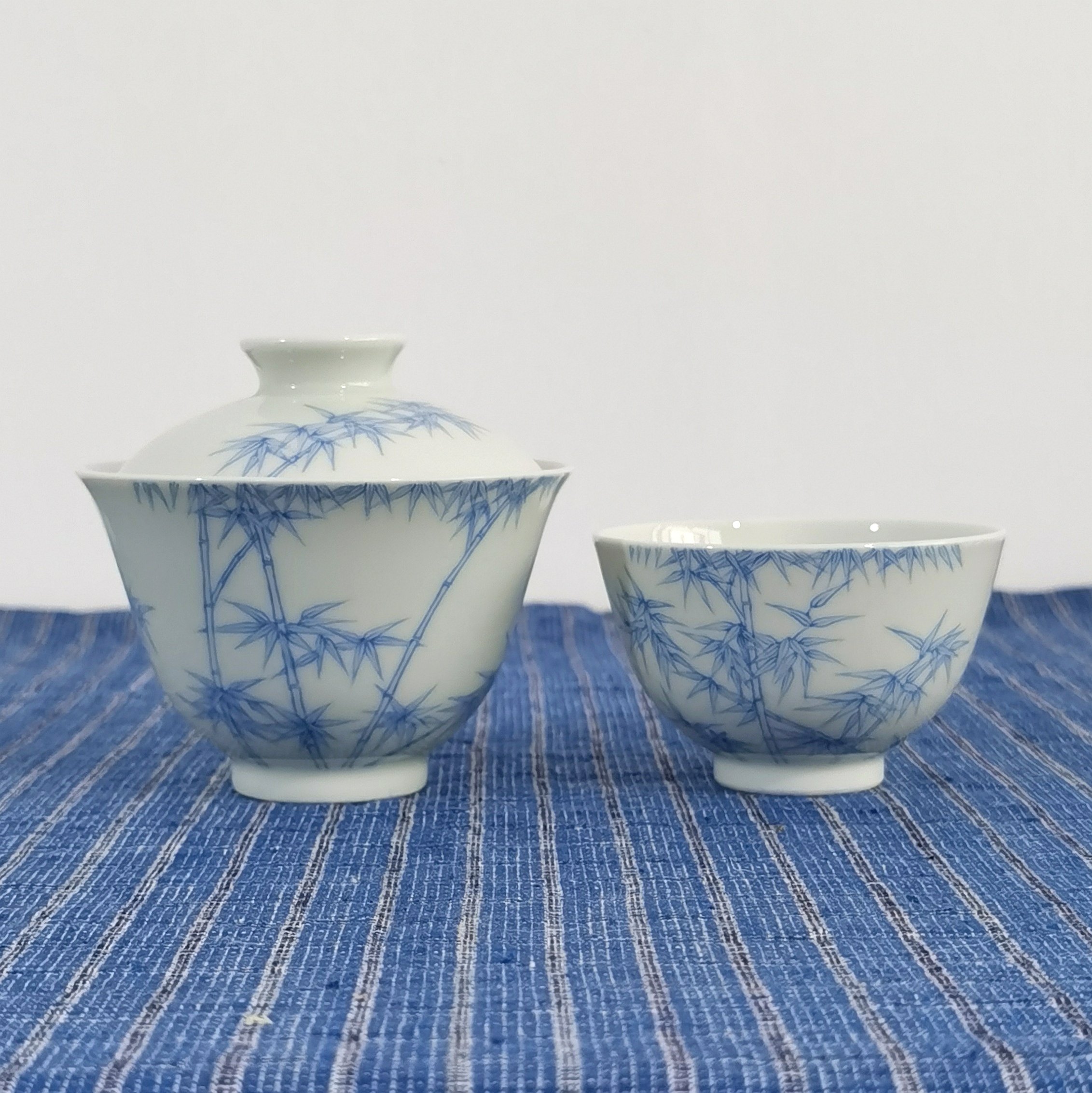 青玩 景德镇全手绘青花白描竹子二才盖碗茶碗主人杯单杯——无己图南.