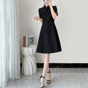 改良旗袍黑色收腰连衣裙女夏2024新款气质高端精致高级感小个子裙