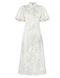 YOYOUNA新中式高级刺绣改良旗袍裙夏季泡泡袖国风中长款白色长裙