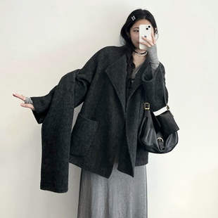 CrescentMoon双面羊绒大衣女2024春新款韩版围巾领宽松羊毛呢外套