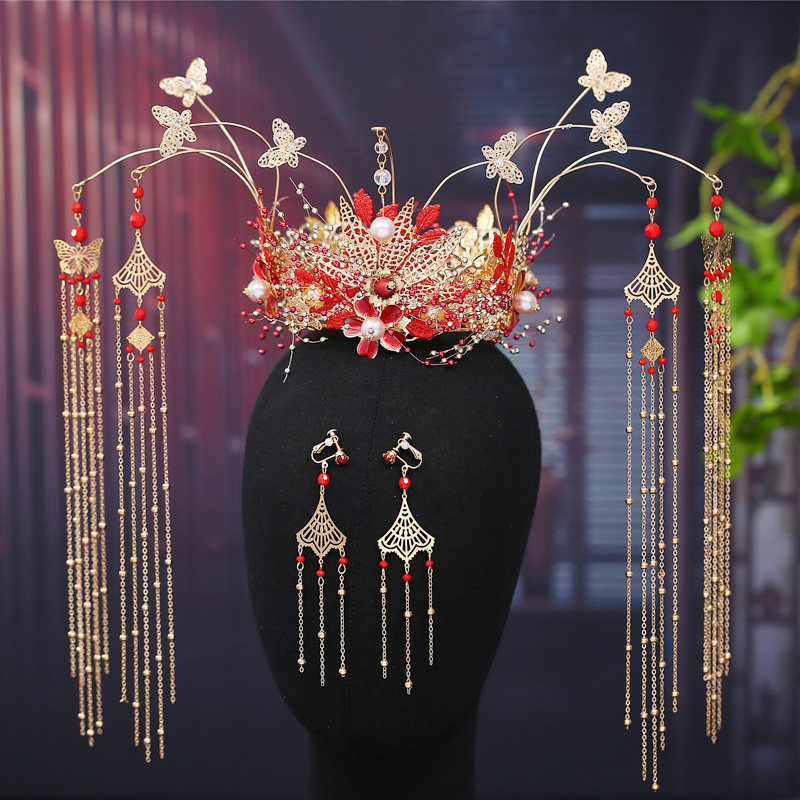 中式新娘头饰秀禾蝴蝶凤冠流苏步摇古装发饰婚礼结婚秀禾服饰品女