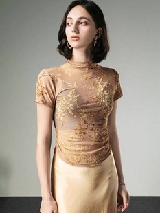 新中式女装夏季设计感掐腰印花短袖T恤女2024新款网纱轻国风上衣