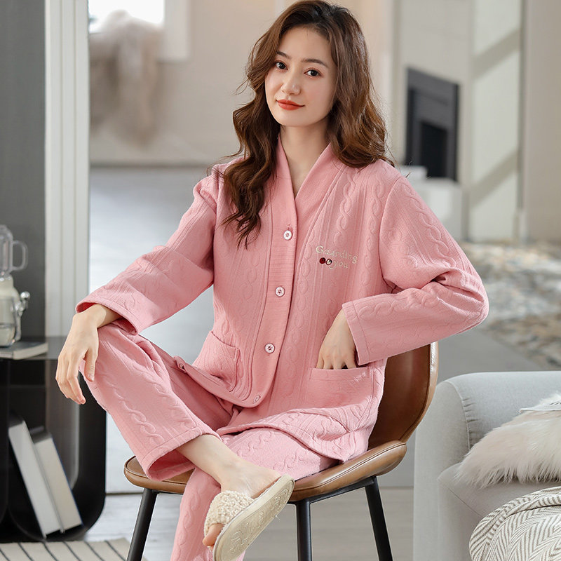 夹层睡衣女款纯棉长袖秋天冬季家居服套装保暖夹棉春秋加厚休闲