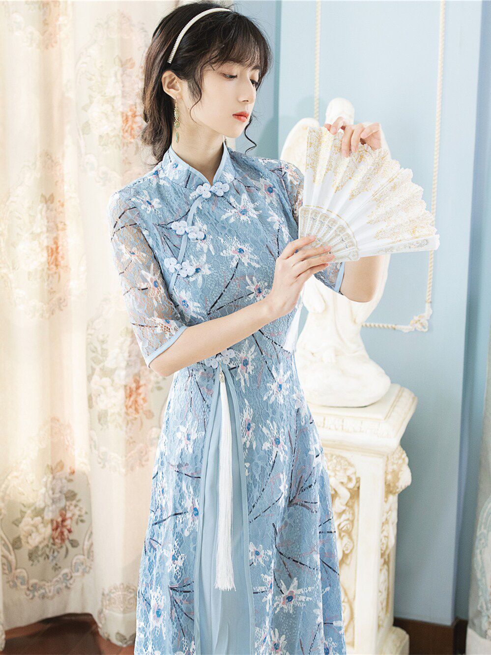 雾霾蓝旗袍裙子现代风甜美改良版年轻