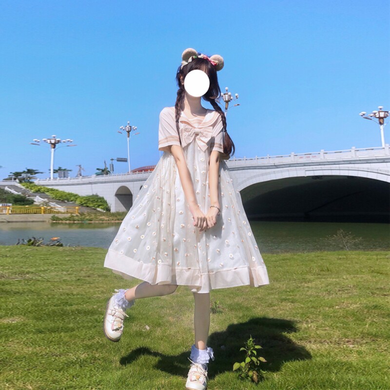 洛丽塔日常超仙甜美小雏菊碎花海军风蝴蝶结短袖大摆连衣裙子女夏