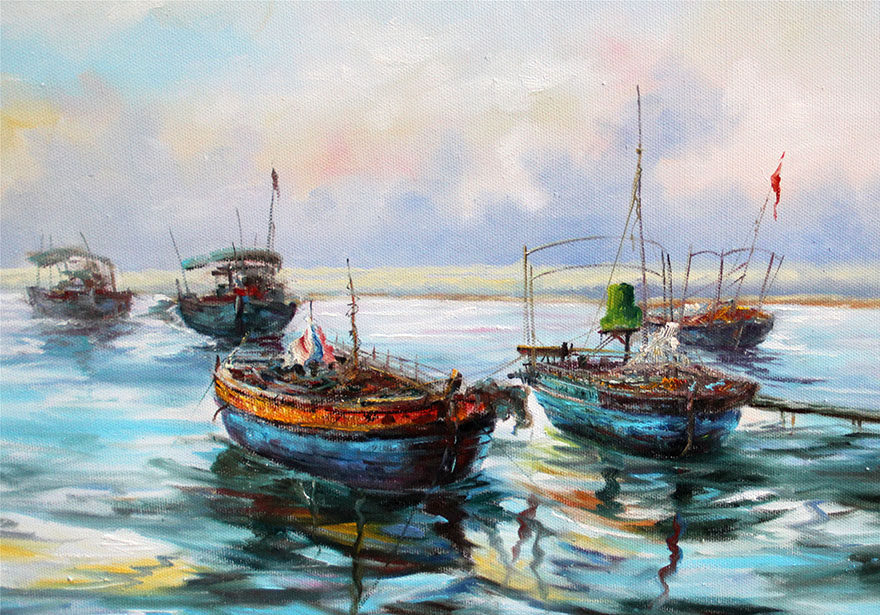 张明辉《船泊》44已装裱 80*120cm