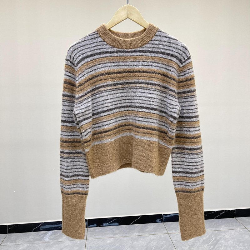 小禾圆领耗牛毛面料上衣复古条纹针织衫柔软0033