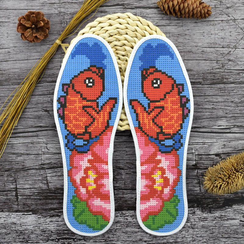 鸿运玫瑰十字绣鞋垫自己绣半成品鲤鱼牡丹手工绣花七层印花纯棉布