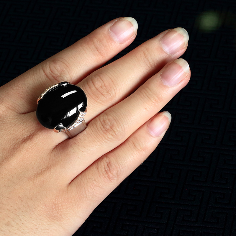 18k金豪镶高冰种水润霸气墨翠男戒15.68g