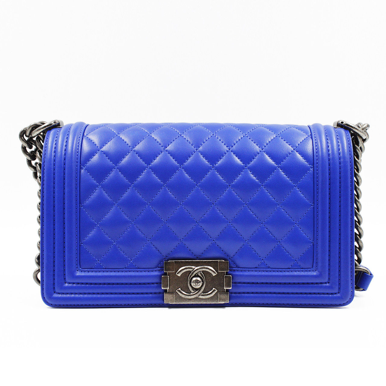 [99新] chanel 香奈儿 限量leboy菱格蓝色羊皮手提单肩斜挎包