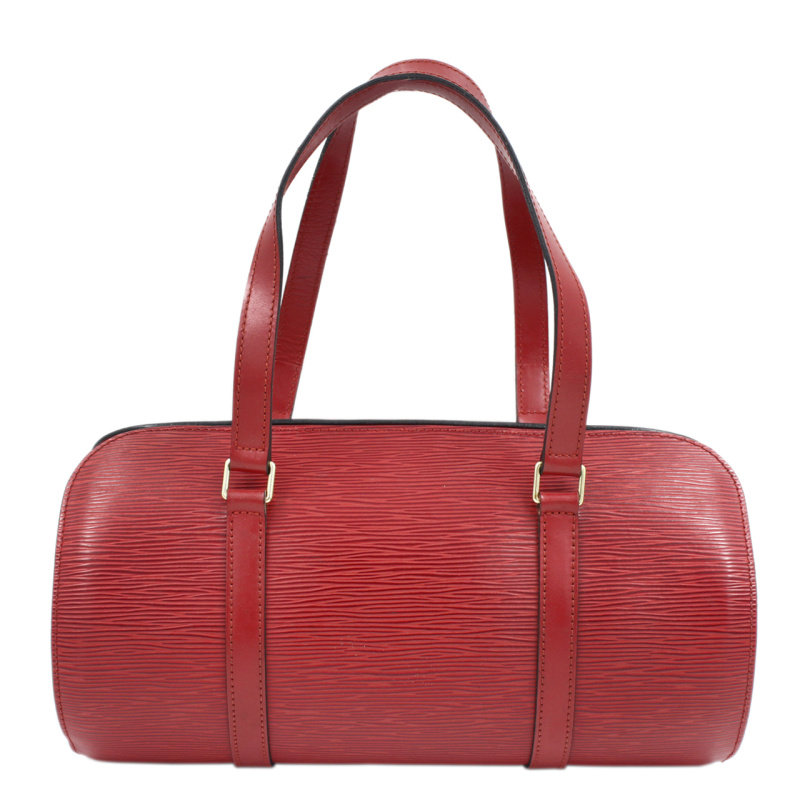 [95新]lv papillon epi牛皮水波纹红色圆筒女士手提包