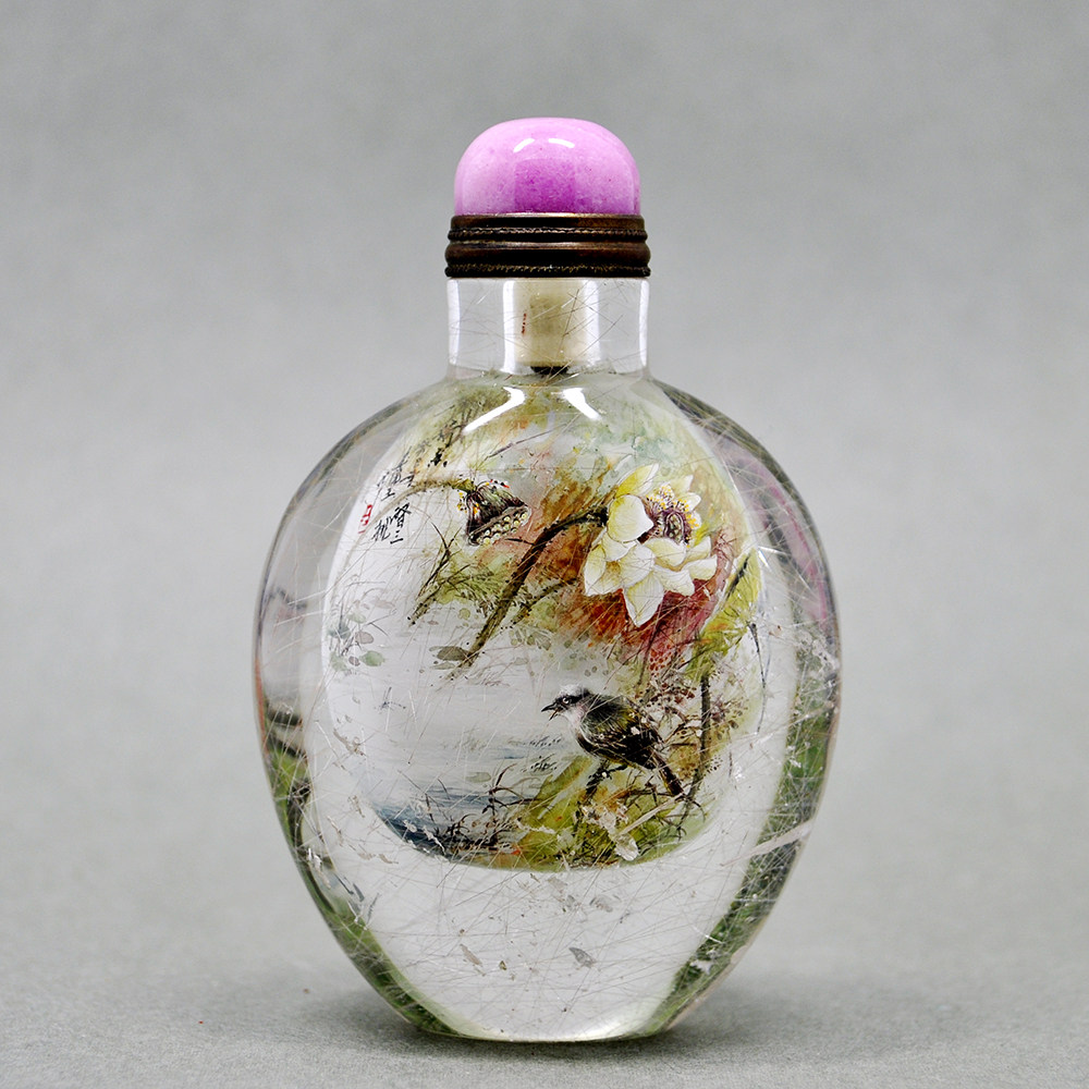 荷香 天然水晶内画鼻烟壶 习三内画冀派精品