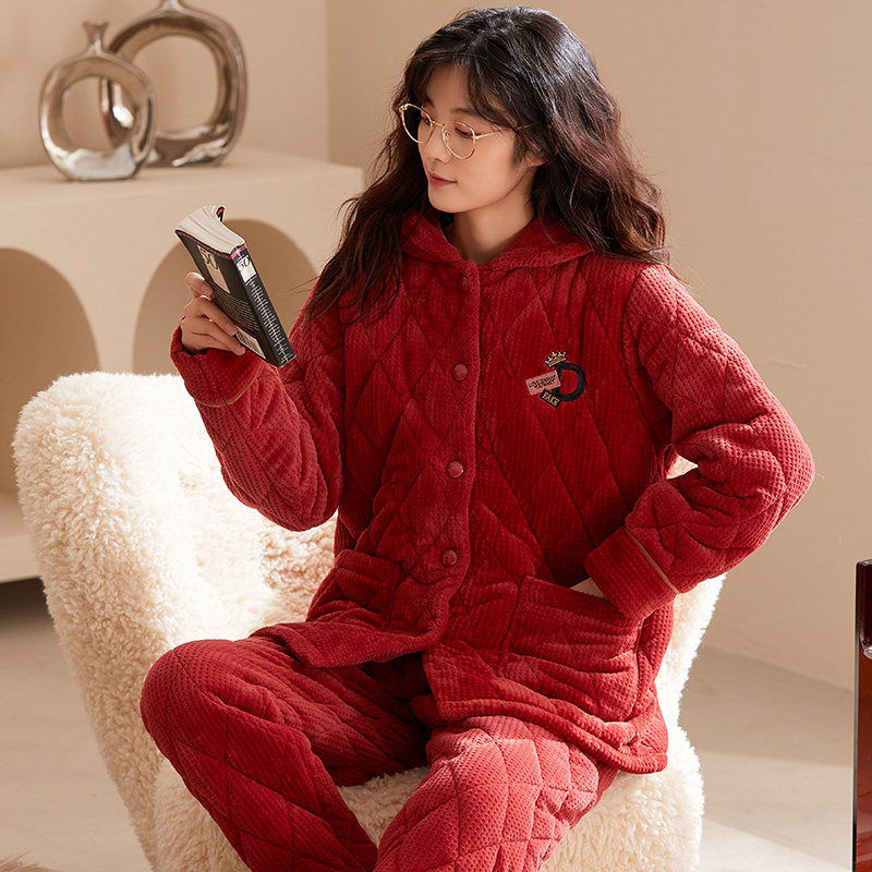 睡衣女冬加厚三层夹棉超厚可出门