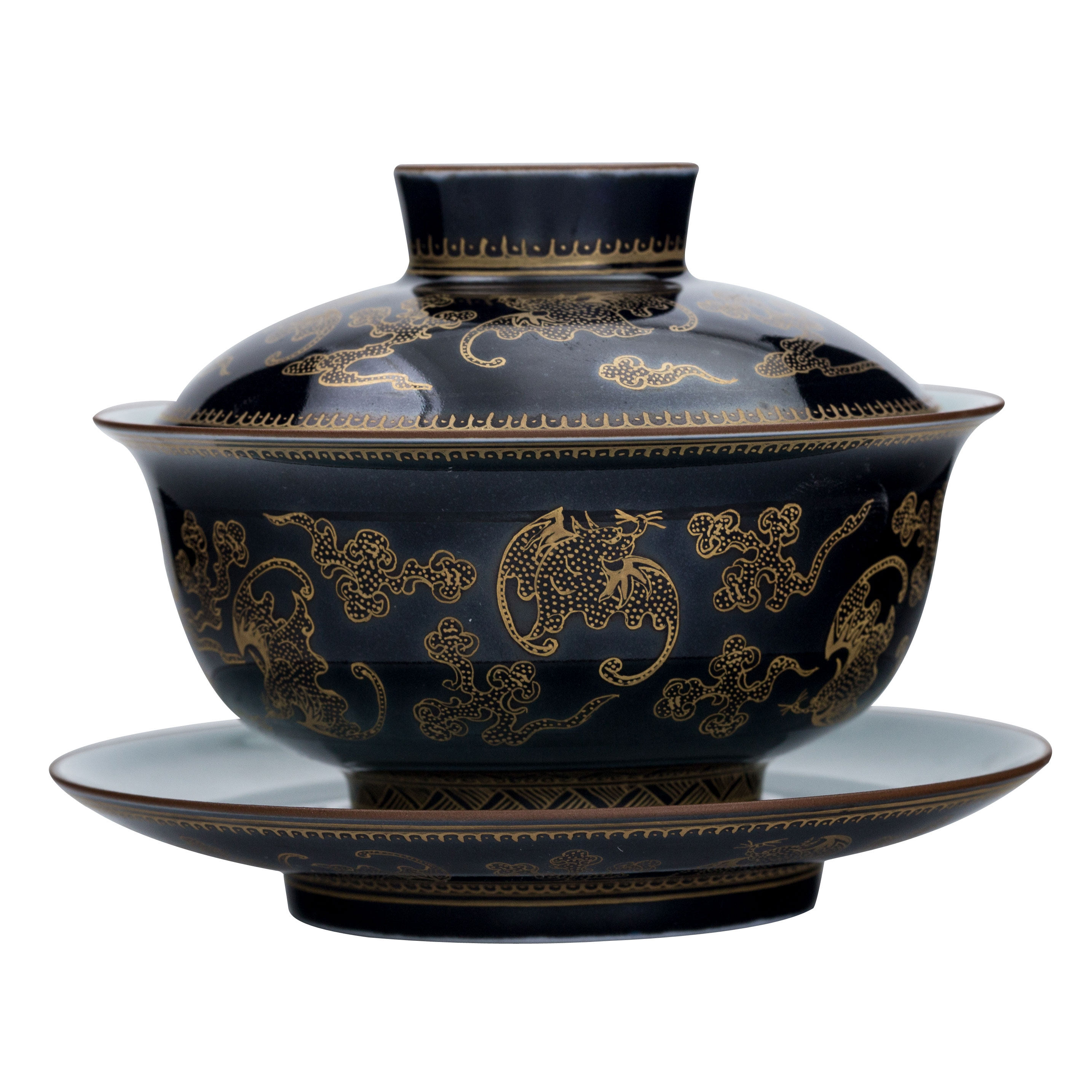 霁蓝描金洪福齐天纹盖碗 景德镇高级陶瓷美术师