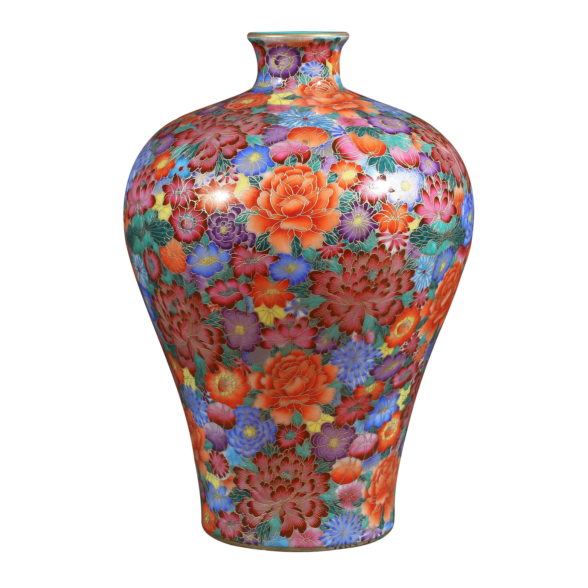 仿乾隆大号珐琅彩万花刻金花卉梅瓶 景德镇助理陶瓷美术师