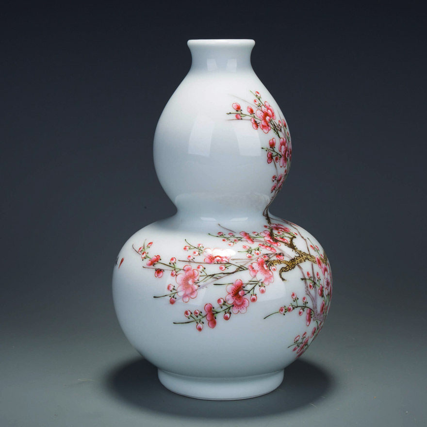 粉彩梅花葫芦瓶 景德镇老艺人曾强作