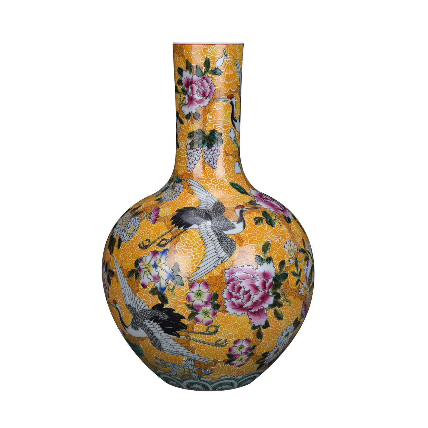 宫廷黄釉六鹤同春天球瓶