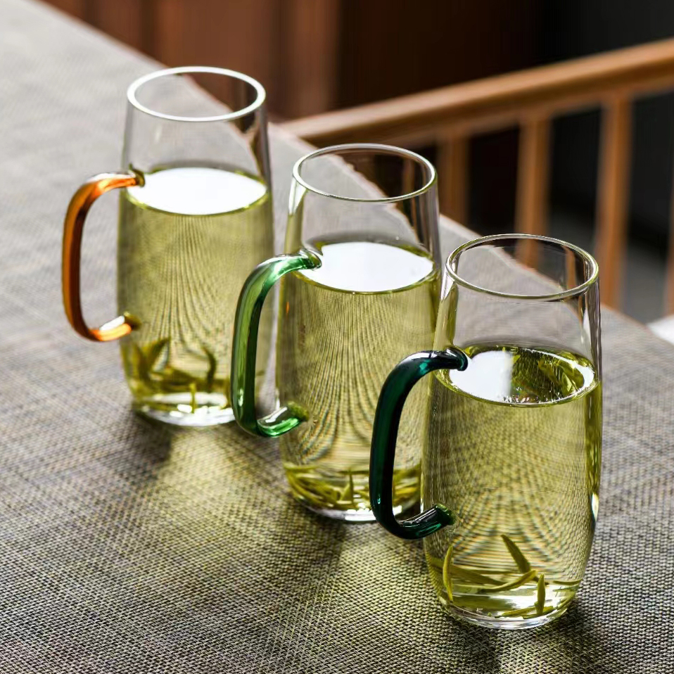 日式茶杯玻璃杯泡绿茶专用男士带把手水杯家用待客绿茶杯水晶杯子