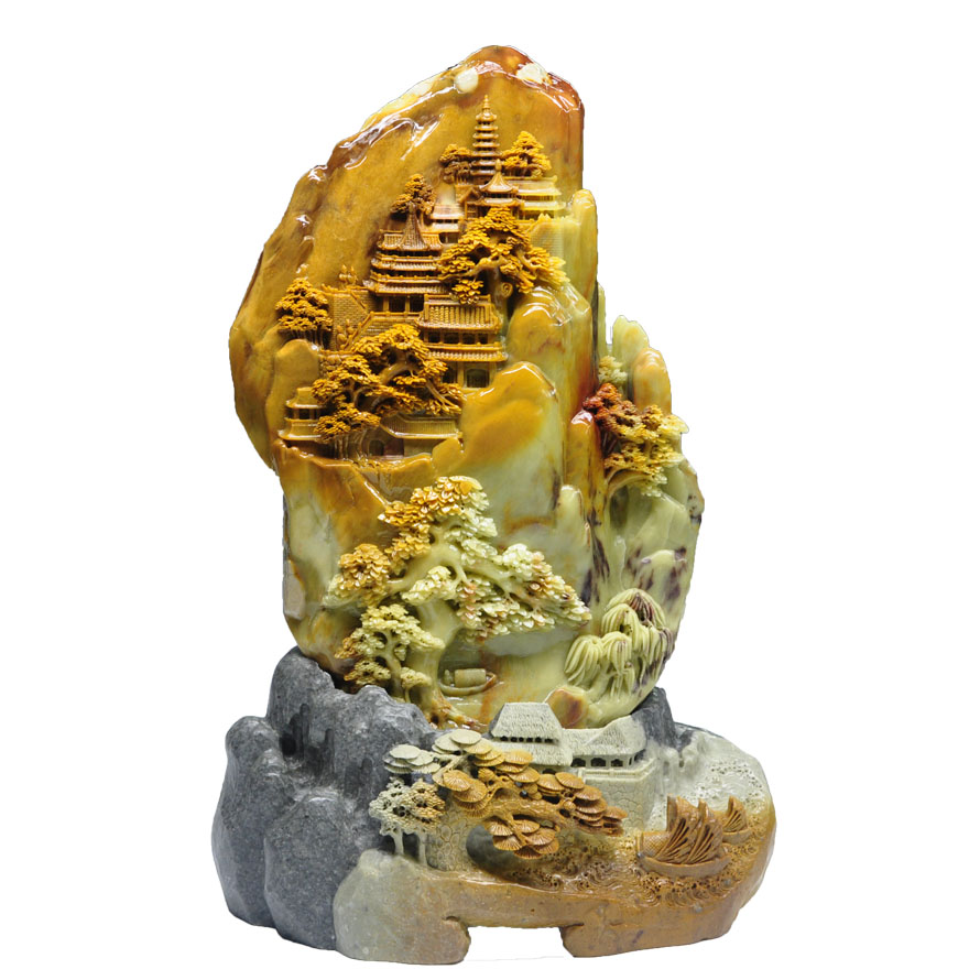 青田石雕山水摆件《江山揽胜》精雕细琢 立体大气