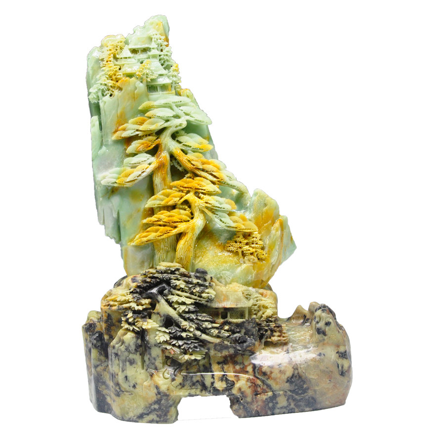 【即拍即得】青田石雕山水摆件《迎客松》精雕细作 收藏