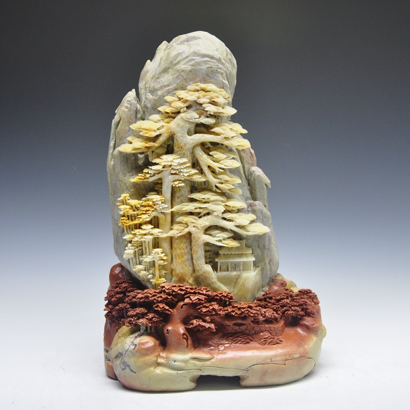 青田石雕山水摆件《迎客松》 居家摆放 收藏