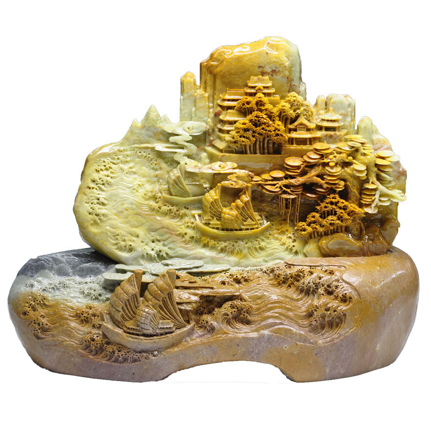 【即拍即得】青田石雕大山水摆件 《一帆风顺》 居家摆放 收藏