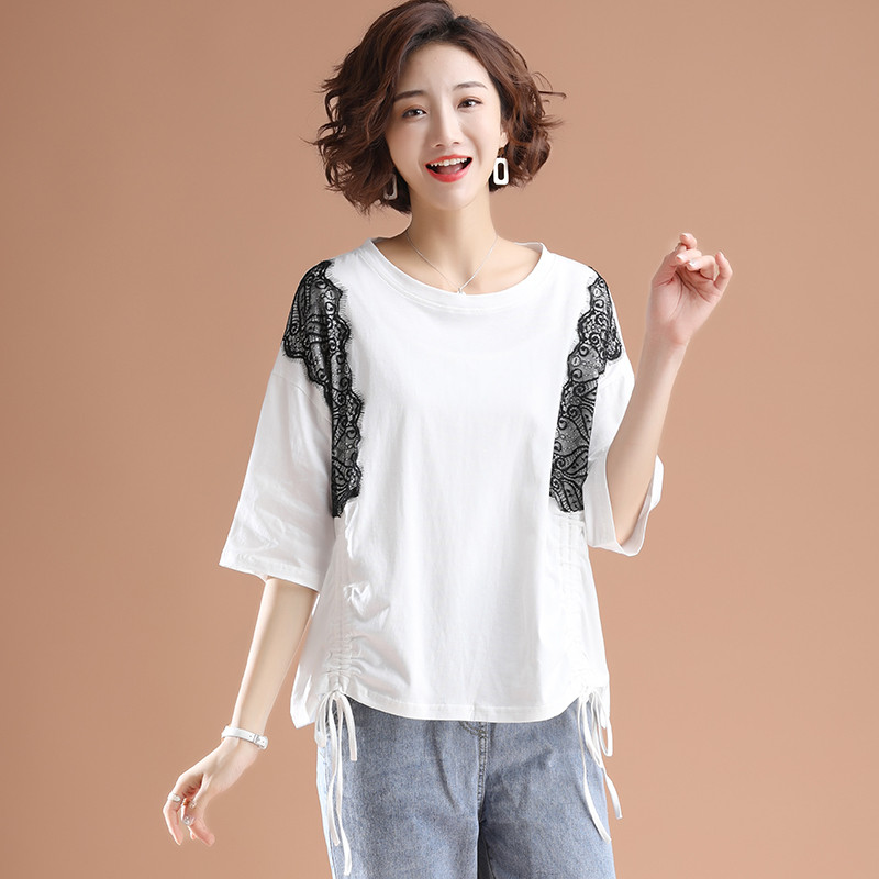 素木原创2020欧洲站女夏装短袖女蕾丝t恤衫宽松设计感抽绳款上衣