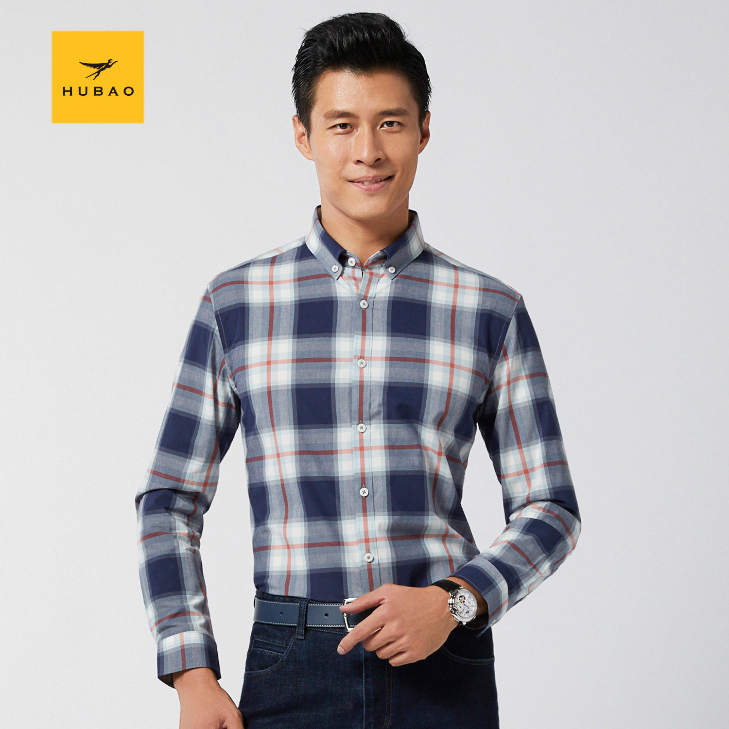 虎豹春秋季修身男士纯棉衬衫格子商务男装衬衣上衣职业上班
