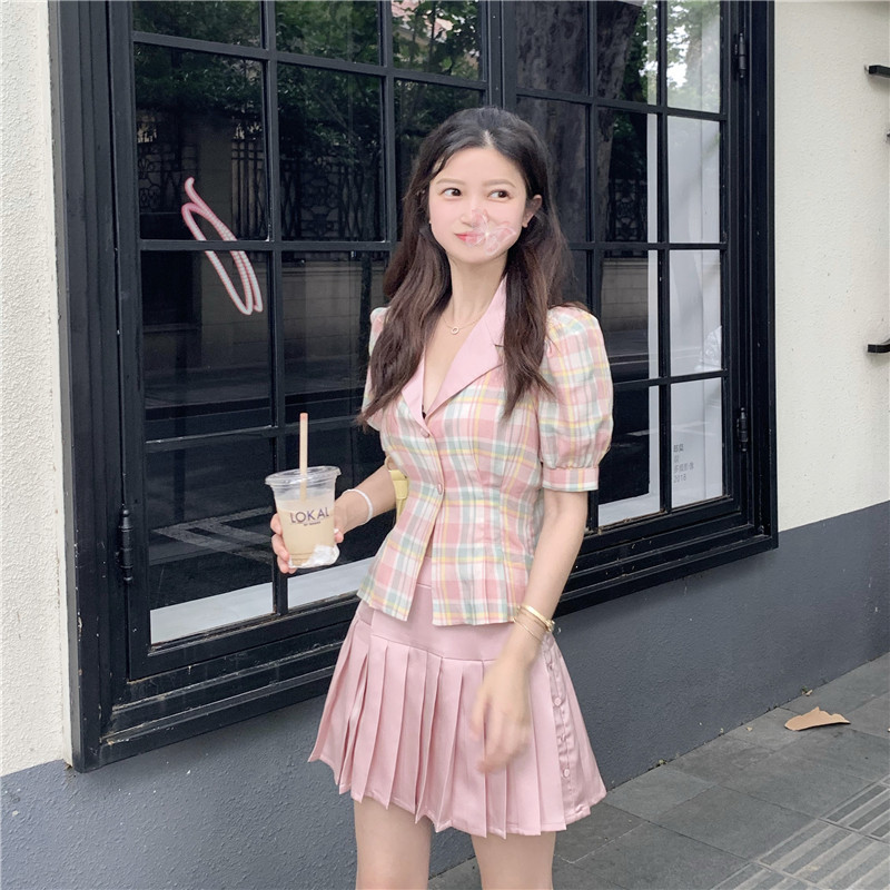 实拍 实价 格子泡泡袖短袖小西装外套+压褶短裙高腰半身裙