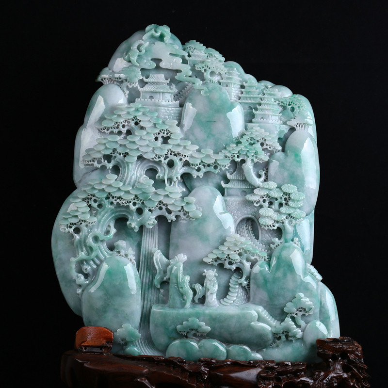 天然a货翡翠精雕飘绿山水摆件 8569.9g