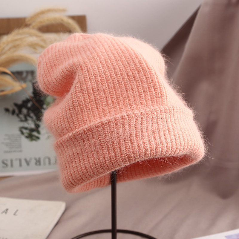 温柔橘粉色~韩国ins帽子女冬卷边毛线帽日系可爱兔毛针织帽奶橘色