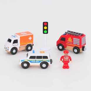 勒酷滑行磁性小车警察消防车场景兼容木质托马斯小火车轨道玩具