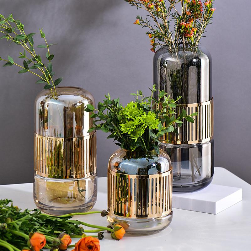 现代金属玻璃花瓶轻奢风格金色铁艺客厅餐桌玄关电视柜后插花摆件