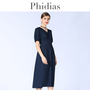 Phidias纯色V领套头中长款连衣裙2023年春夏新款大码女装短袖裙子
