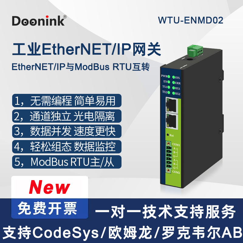 Doonink品牌EtherNet/IP转ModBus485  RTU网关10路同步采集无需编程EIP工业模块