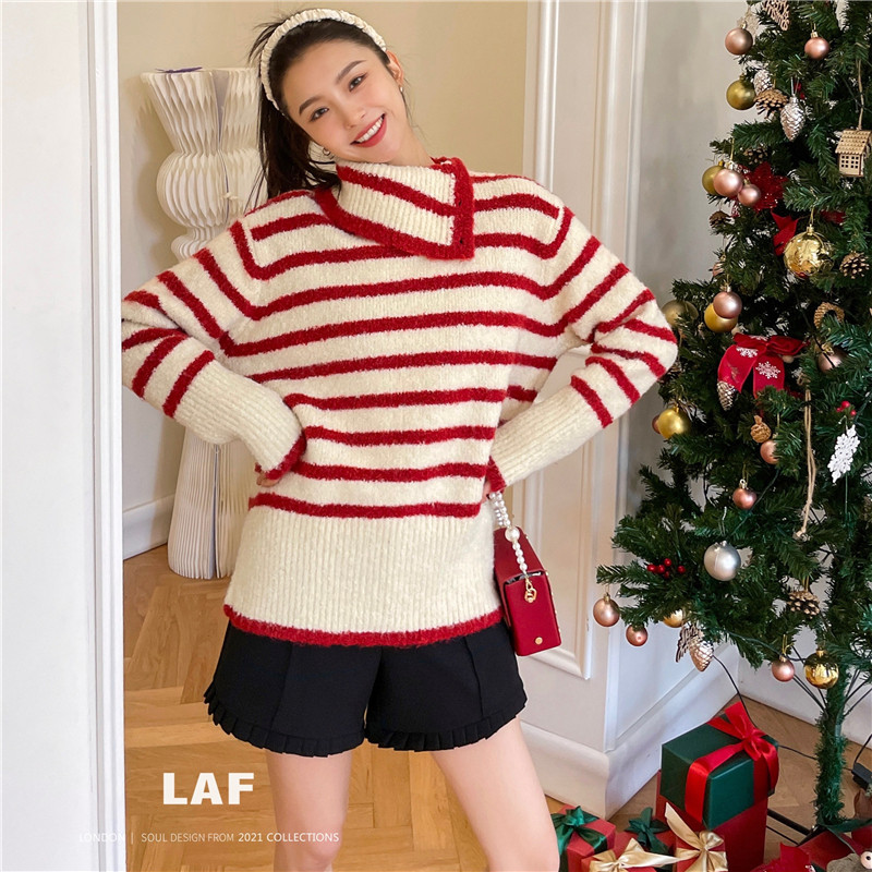 lafreedom官方直发侧翻领红白条纹毛衣女冬季时尚宽松针织上衣