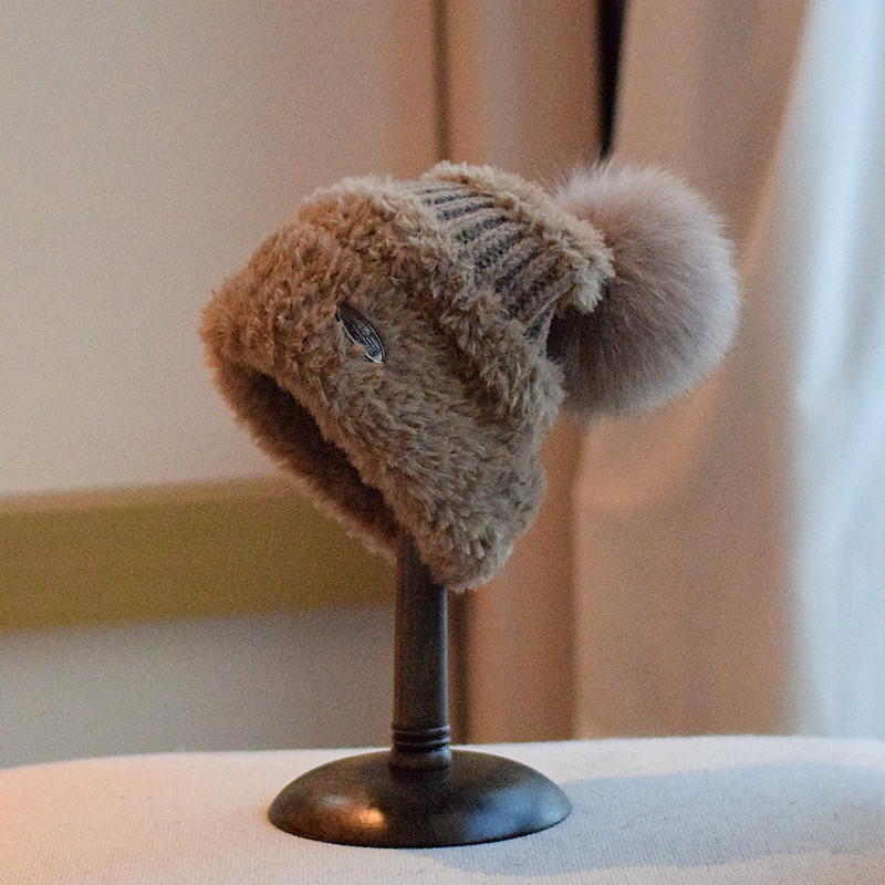 新款毛绒加绒保暖毛线帽女士秋冬百搭狐狸毛球针织帽堆堆护耳帽潮