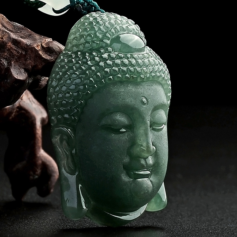 冰糯种油青翡翠佛头挂件29.7g