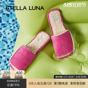 STELLA LUNA女鞋春夏季新款平底拖鞋方头牛反绒舒适一字拖毛毛拖