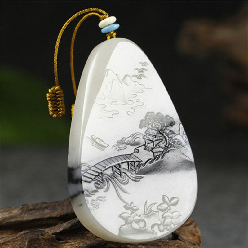 黑白分明 精品和田玉青花玉水乡牌子 56克 苏工精雕