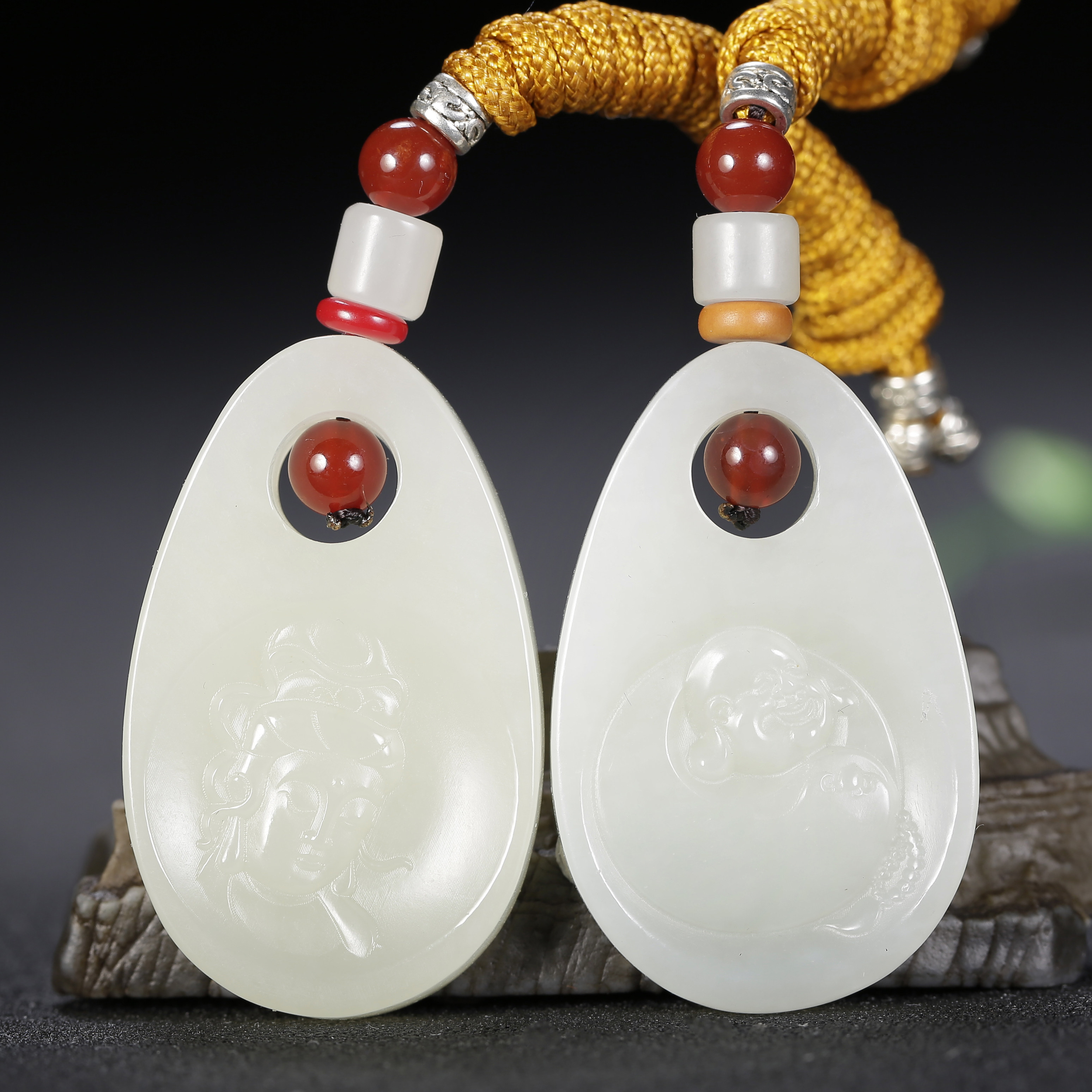 【观音笑佛】情侣对牌 和田玉玉牌挂件33.71克