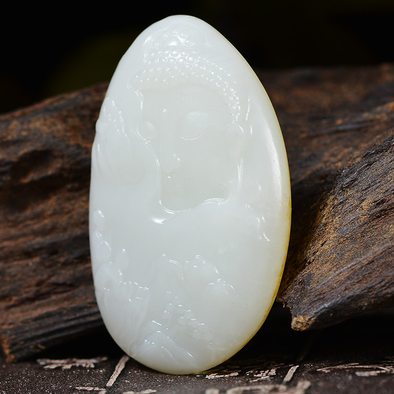 【一心向佛】和田玉白玉背部洒金皮佛头挂件 112.14g