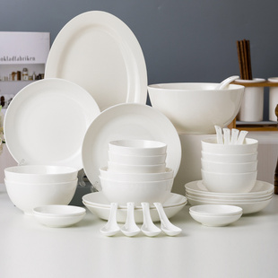 白瓷餐具碗碟套装骨瓷碗盘组合套装饭碗创意纯白碗筷陶瓷碗碟家用