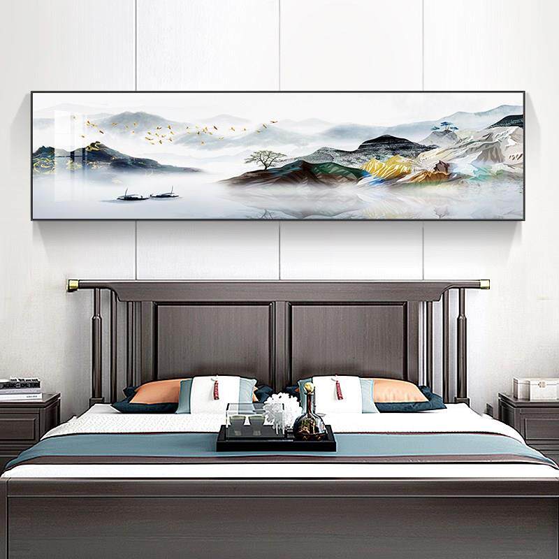 江山如画新中式卧室床头画横版主卧背景墙挂画大气山水画客厅壁画