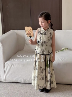 Ja专柜品牌2024春夏款女童新中式裙套装儿童中国风满印盘扣两件套