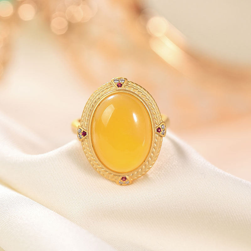 纯银s925天然蜜蜡琥珀戒指女复古宝石玉戒指女款开口可调节民族风